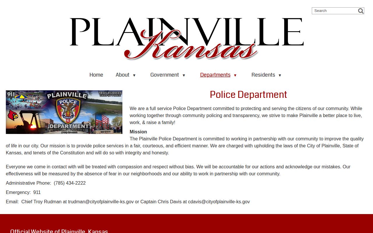 Plainville Police Department official arrest-record contact page in Rooks County