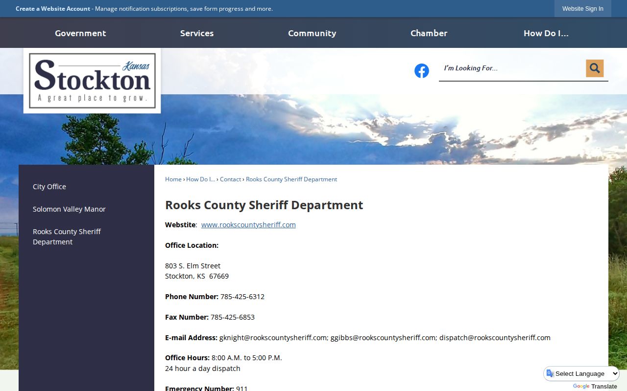 Stockton city-facing Rooks County Sheriff arrest and booking contact page